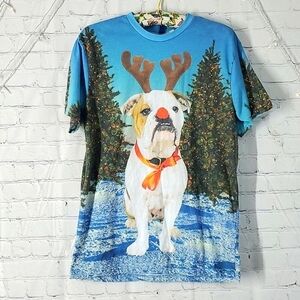 H&M Christmas Holiday Photo Print Bulldog Pitbull Dog Puppy Tee Tshirt Sz Small